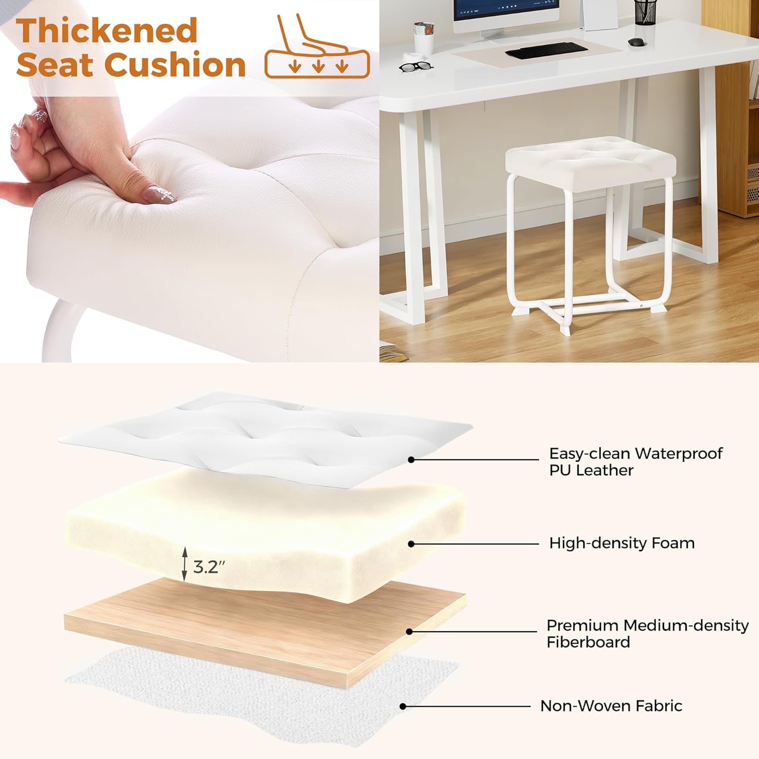 White Vanity Chair, Leather Vanity Stool, Small Stool Chair for Vanity, Square Ottoman Foot Stool, Makeup Vanity Chairs with Thick Padded Seat for Bathroom, Bedroom, Entryway, KFD01W