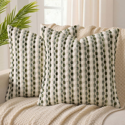 ANRODUO Pack of 2 Boho Decorative Throw Pillow Covers 18x18 Farmhouse Cushion Case Striped Chenille Pillow Cases Square Pillow Covers Accent Neutral Pillowcase for Sofa Couch Bed, Olive Green Stripe