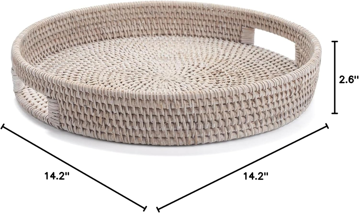 13.8 inch Round Rattan Tray, Decorative Coffee Table Tray, Ottoman Tray, Woven Serving Tray with Handles, Wicker Serving Basket, Whitewash