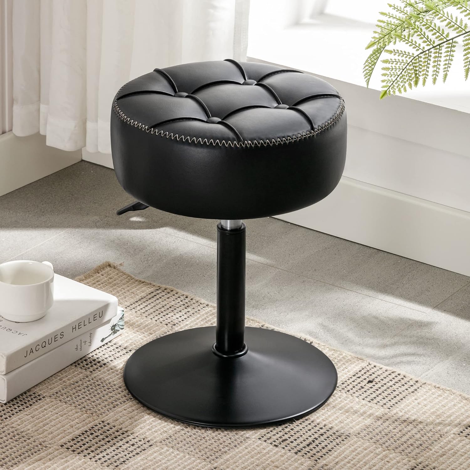 Adjustable Vanity Stool, 360 Swivel Chair for Makeup Room, White Faux Leather Stool for Bathroom & Living Room