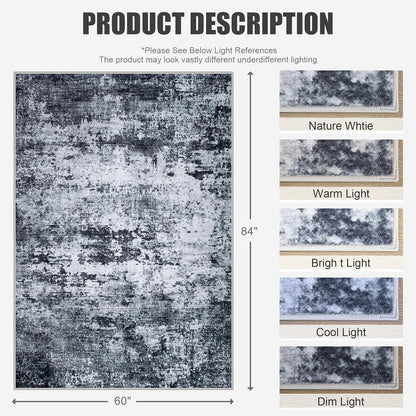 5x7 Area Rug Living Room Rug: Washable Modern Abstract Soft Thin Rug Indoor Floor No Slip Stain Resistant Carpet for Bedroom Dining Room Farmhouse Nursery Home Office - Black