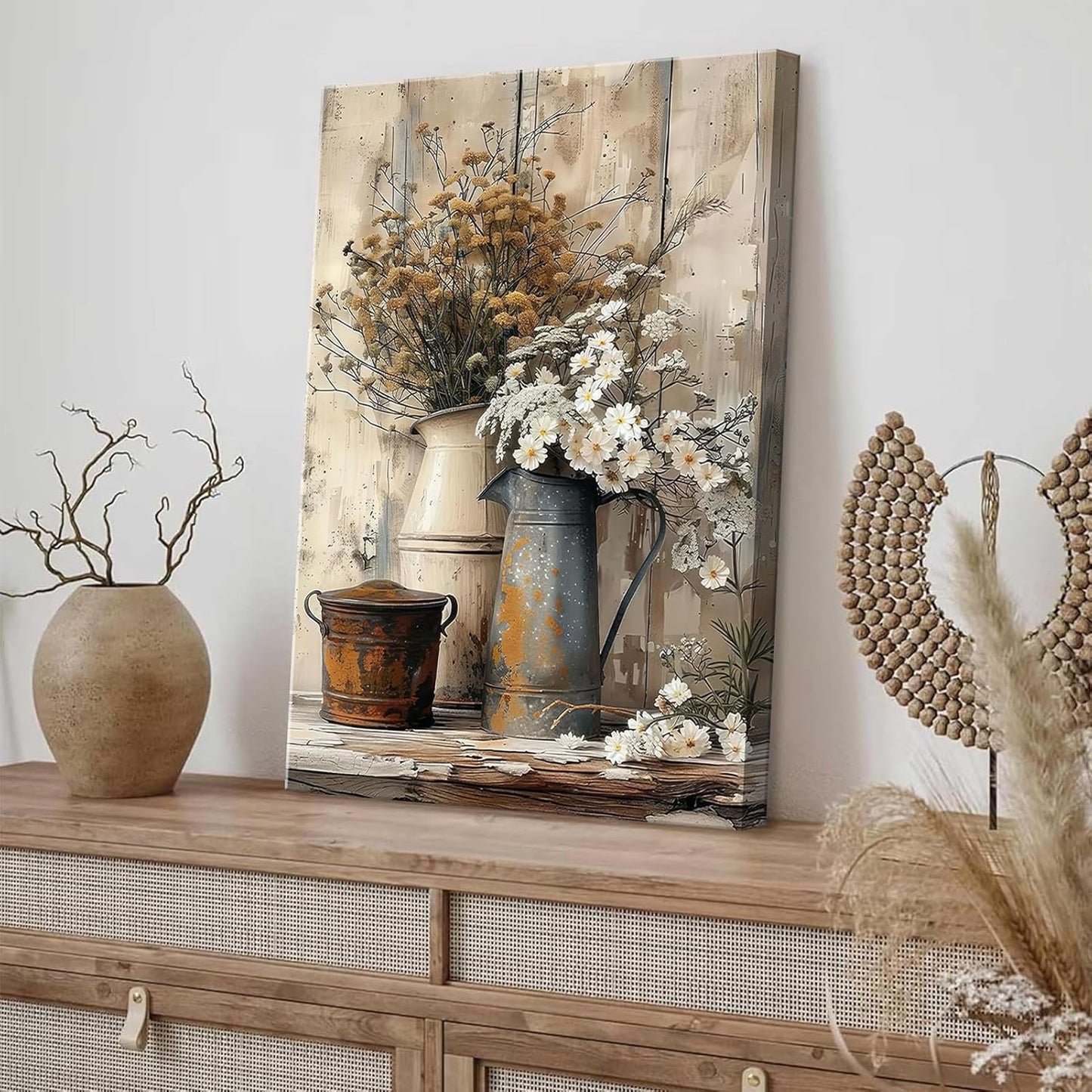 Farmhouse Rustic Daisy Canvas Wall Art Vintage Country Floral Posters Print White Jasmine Flowers and Rust Color Watering Can Wall Decor Picture for Living Room Bedroom Bathroom Decoration