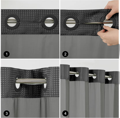 No Hook Waffle Shower Curtain with Snap in Fabric, Waterproof Shower Curtains with See Through Top Window, Hotel Luxury Heavy Duty Bathroom Curtain and Liner Set, 72'' x 75'', Black