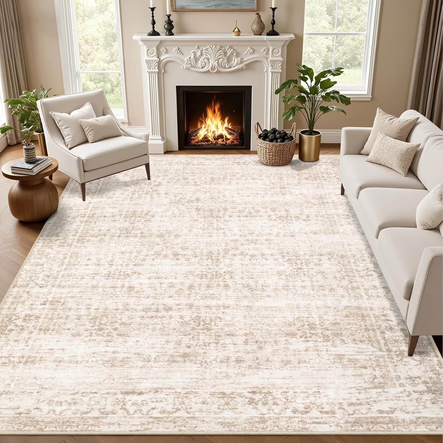 5x7 Area Rugs Living Room Rug: Washable Vintage Boho Rug No Slip Stain Resistant Soft Carpet Indoor Floor Floral Large Carpets for Bedroom Dining Room Farmhouse Nursery Hallway Home Office Beige