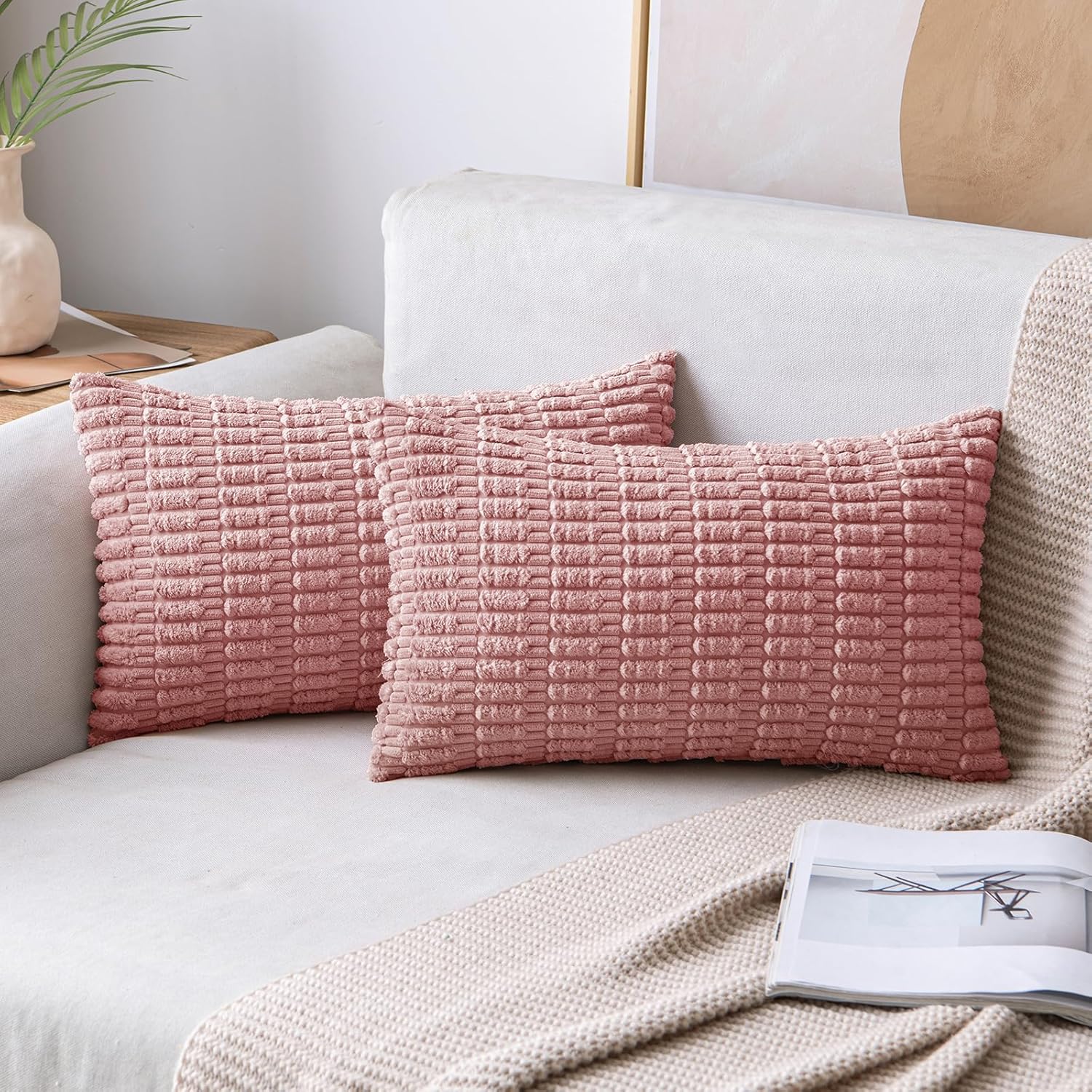 MIULEE Pack of 2 Corduroy Decorative Throw Pillow Covers 18x18 Inch Soft Boho Striped Pillow Covers Modern Farmhouse Home Decor for Sofa Living Room Couch Bed Cream White