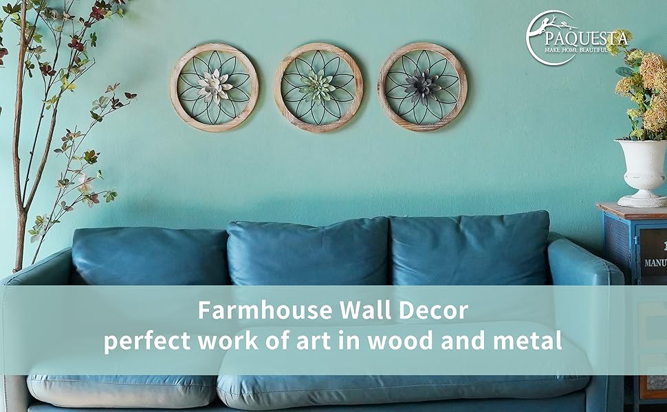Paquesta 3 Piece Round Farmhouse Wall Decor with 6 Piece Interchangeable Flowers 12'' Medallion Wood & Metal Rustic Wall Art for Living Room Bedroom Kitchen Bathroom Dining Room Home Decorations