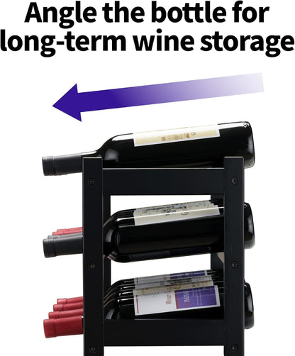 Bamboo Wine Rack, Sturdy and Durable Wine Storage Cabinet Shelf, Wine Racks Countertop for Pantry,Kitchen,3-Tier 12 Bottles Wine Rack Black