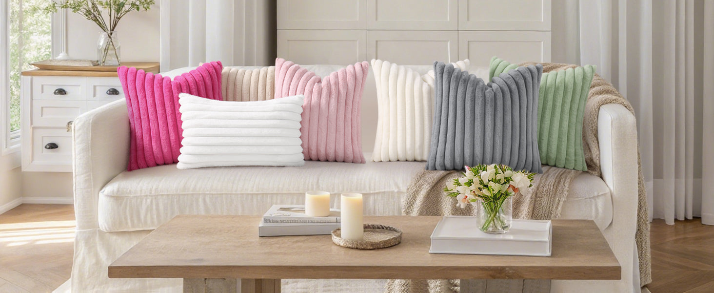 Pallene Faux Fur Plush Throw Pillow Covers 18x18 Set of 2, Luxury Soft Fluffy Striped Decorative Pillow Covers for Sofa, Couch, Living Room, Cream White