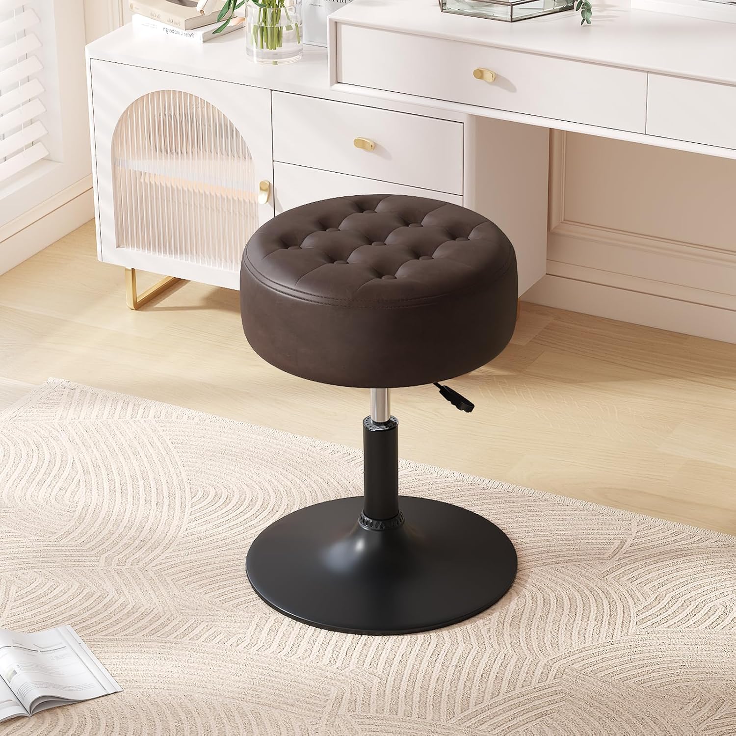 Mid-Century Tufted Adjustable Swivel Makeup Ottoman Stool; Modern Big Size Round Vanity Stool Chair for Bedroom Living Room (White)