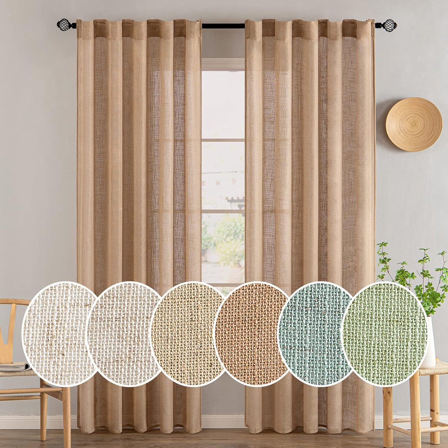 Natural White Linen Curtains 84 Inch Long for Bedroom Living Room, Soft Thick Linen Textured Window Drapes Semi Sheer Light Filtering Rod Pocket Back Tab Neutral Farmhouse Cream Ivory 2 Panels