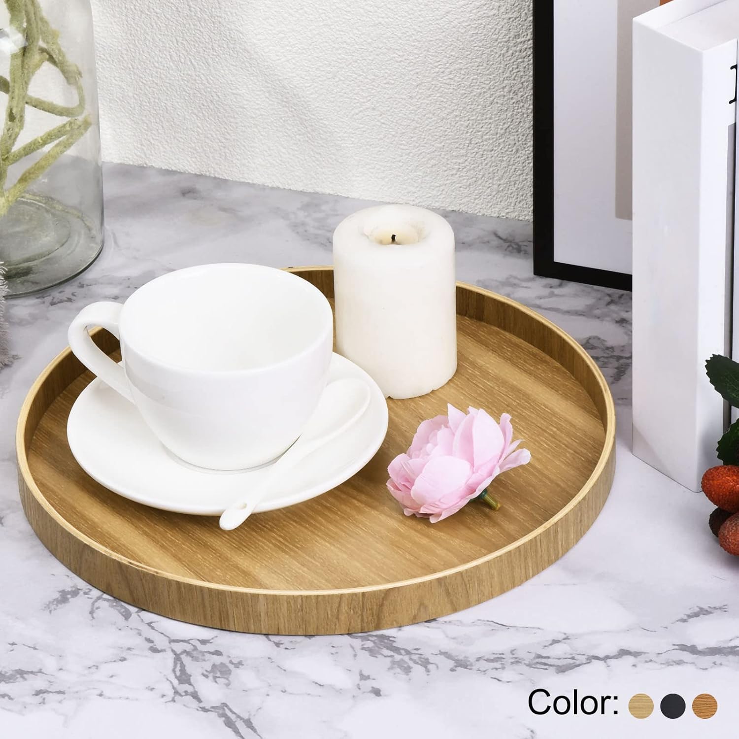 Wood Serving Tray 8 Inch, Round Decorative Platter for Home Decor Kitchen Table Candle Holder, Black