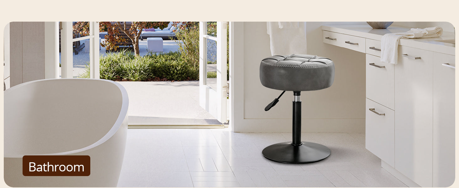 Adjustable Vanity Stool, 360 Swivel Chair for Makeup Room, White Faux Leather Stool for Bathroom & Living Room