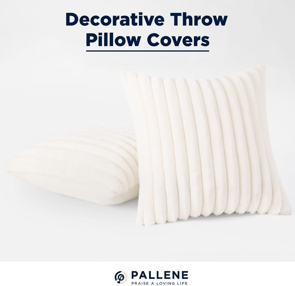 Pallene Faux Fur Plush Throw Pillow Covers 18x18 Set of 2, Luxury Soft Fluffy Striped Decorative Pillow Covers for Sofa, Couch, Living Room, Cream White