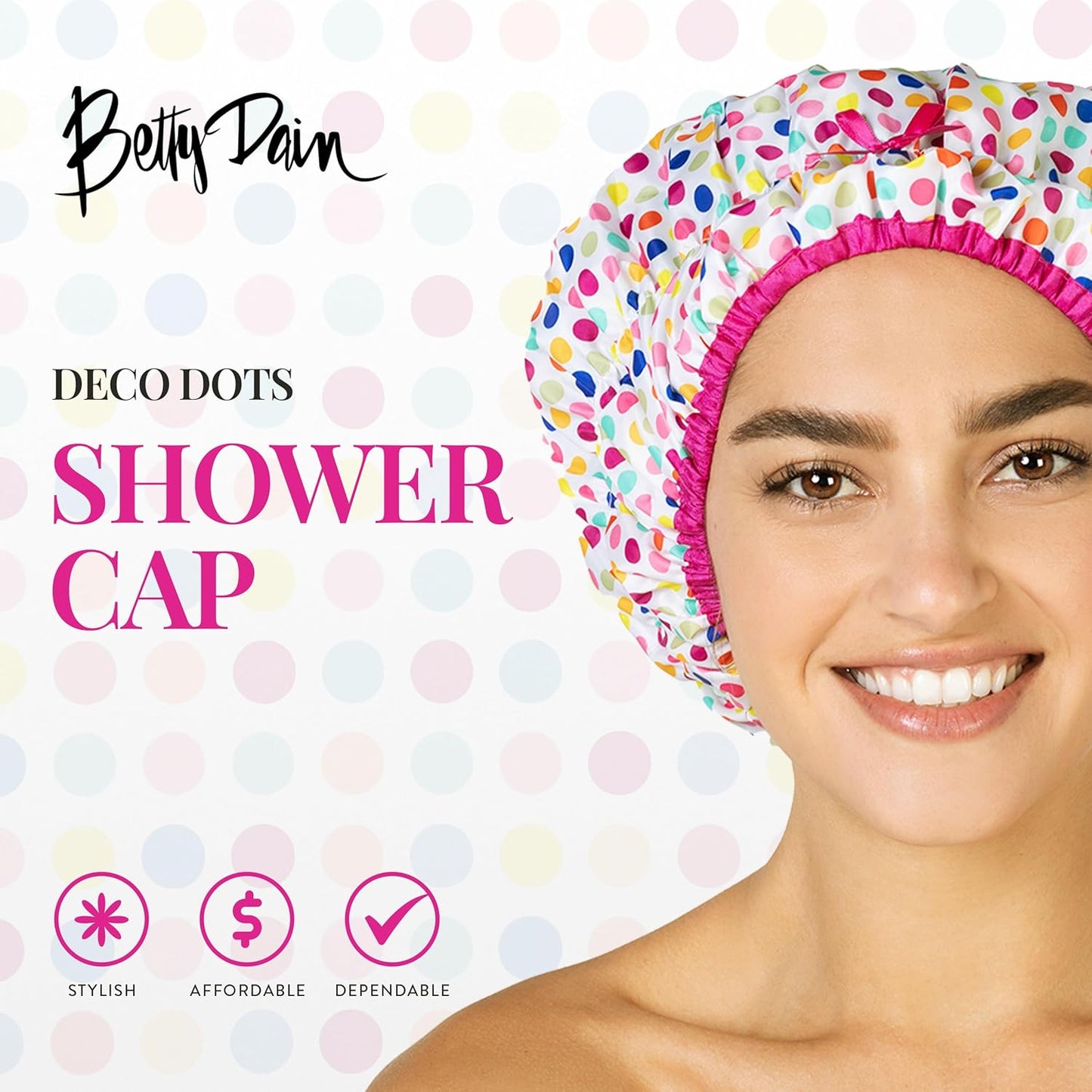 Reusable Bath & Shower Cap Lined, Oversized Waterproof Shower Caps Large Designed for all Hair Lengths with PEVA Lining & Elastic Band Stretch Hem Hair Hat - Fashionista Deco Dots