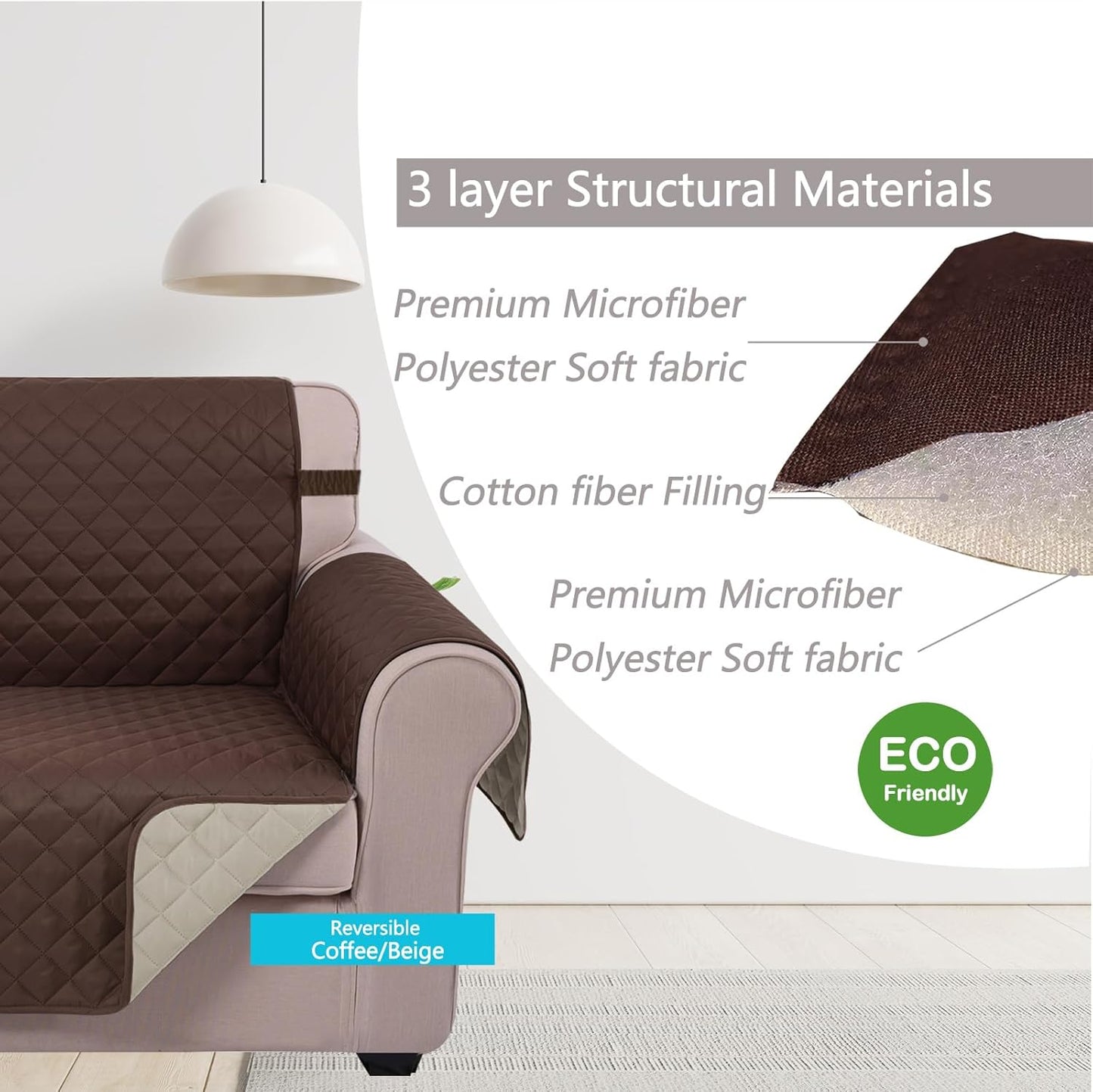Reversible Sofa Cover Washable Couch Cover for Dogs Friendly with Elastic Straps Water Repellent Furniture Protector for 3 Cushion Couch (Sofa, Coffee/Beige)