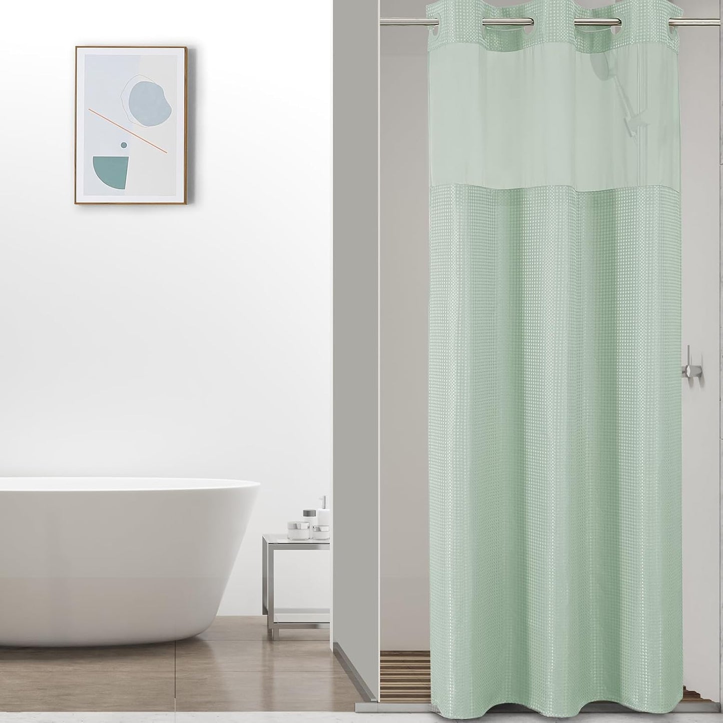 No Hook Waffle Shower Curtain with Snap in Fabric, Waterproof Shower Curtains with See Through Top Window, Hotel Luxury Heavy Duty Bathroom Curtain and Liner Set, 72'' x 75'', Black