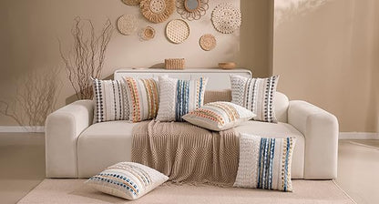 Boho Chenille Tufted Couch Throw Pillow Covers 18x18 Inch Set of 2 Farmhouse Striped Decorative Pillow Covers Accent Neutral Square Pillowcase Green Cushion Covers for Livingroom Sofa Bed