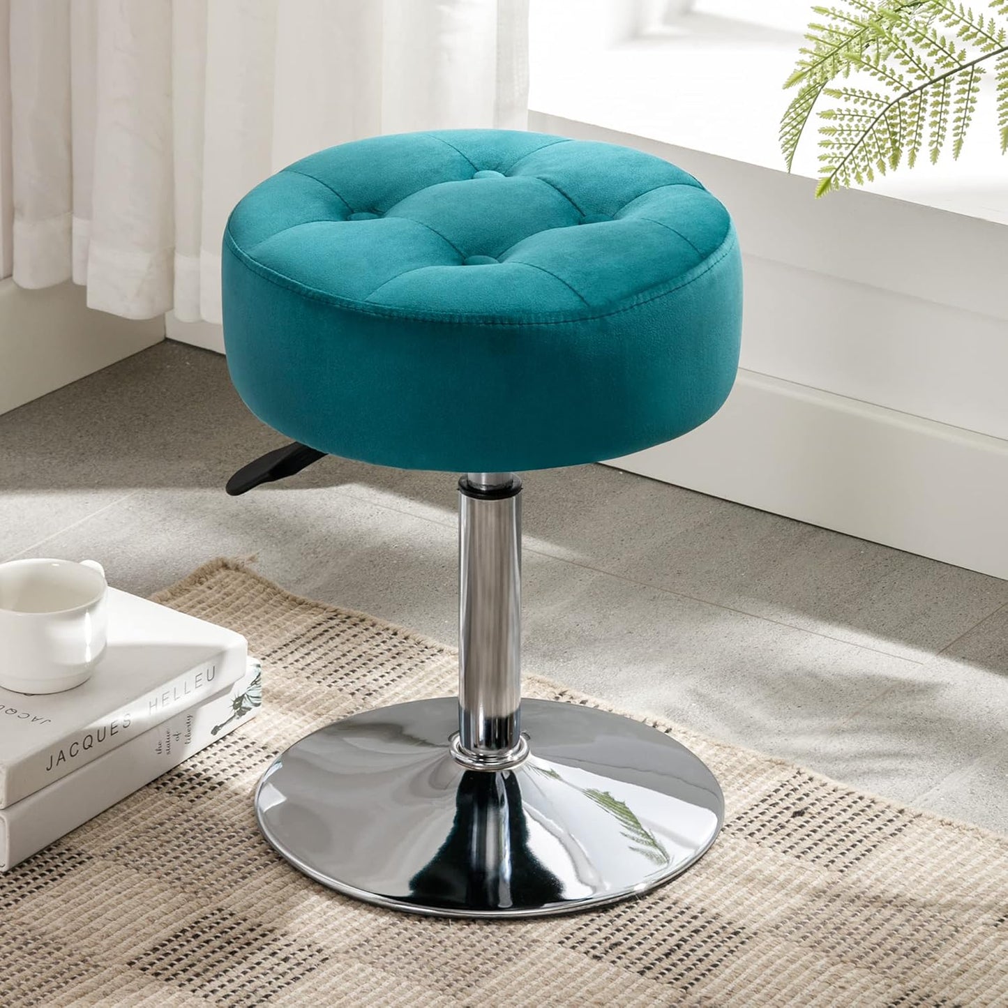 Adjustable Vanity Stool, 360 Swivel Chair for Makeup Room, White Faux Leather Stool for Bathroom & Living Room