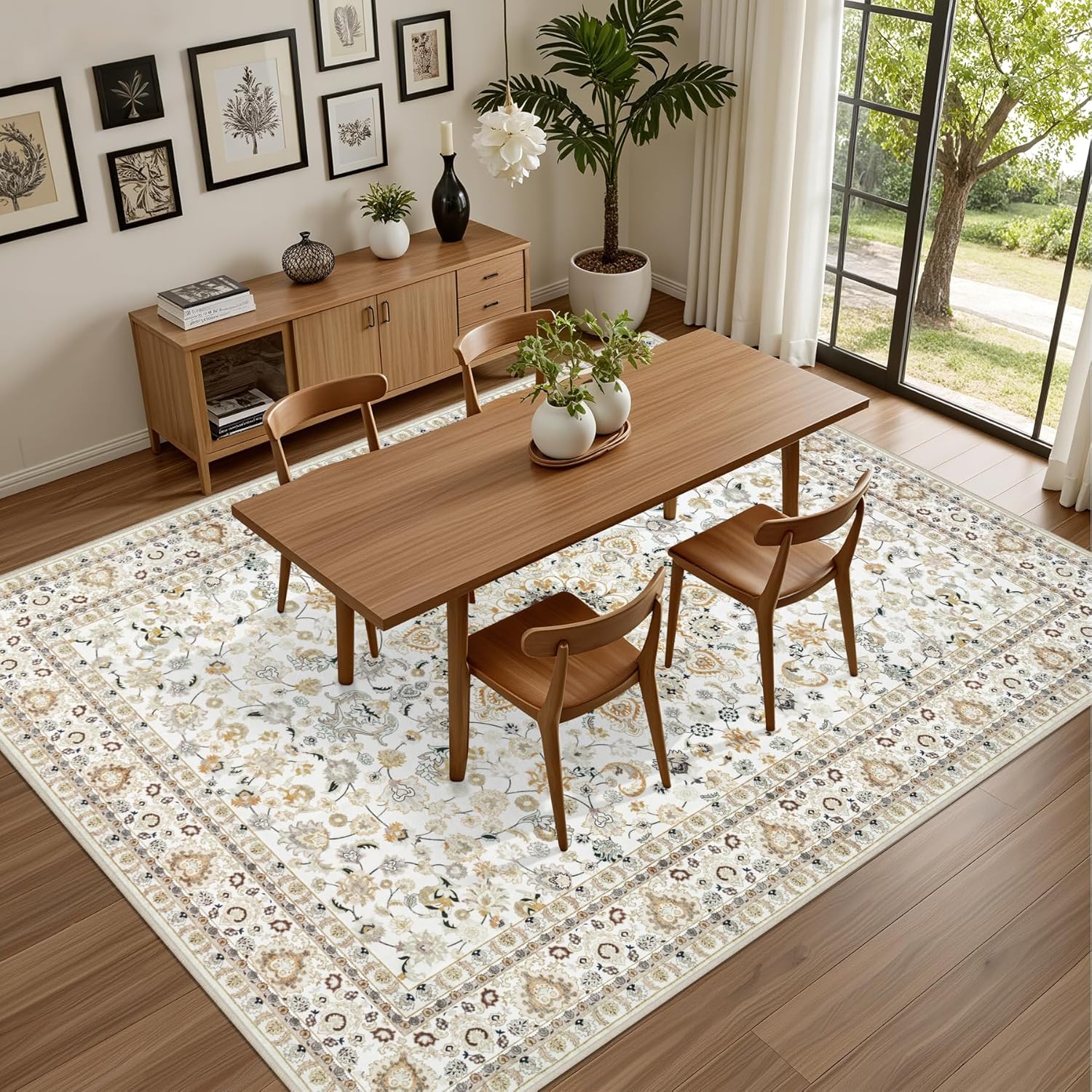 5x7 Area Rugs Living Room Rug: Washable Vintage Boho Rug No Slip Stain Resistant Soft Carpet Indoor Floor Floral Large Carpets for Bedroom Dining Room Farmhouse Nursery Hallway Home Office Beige