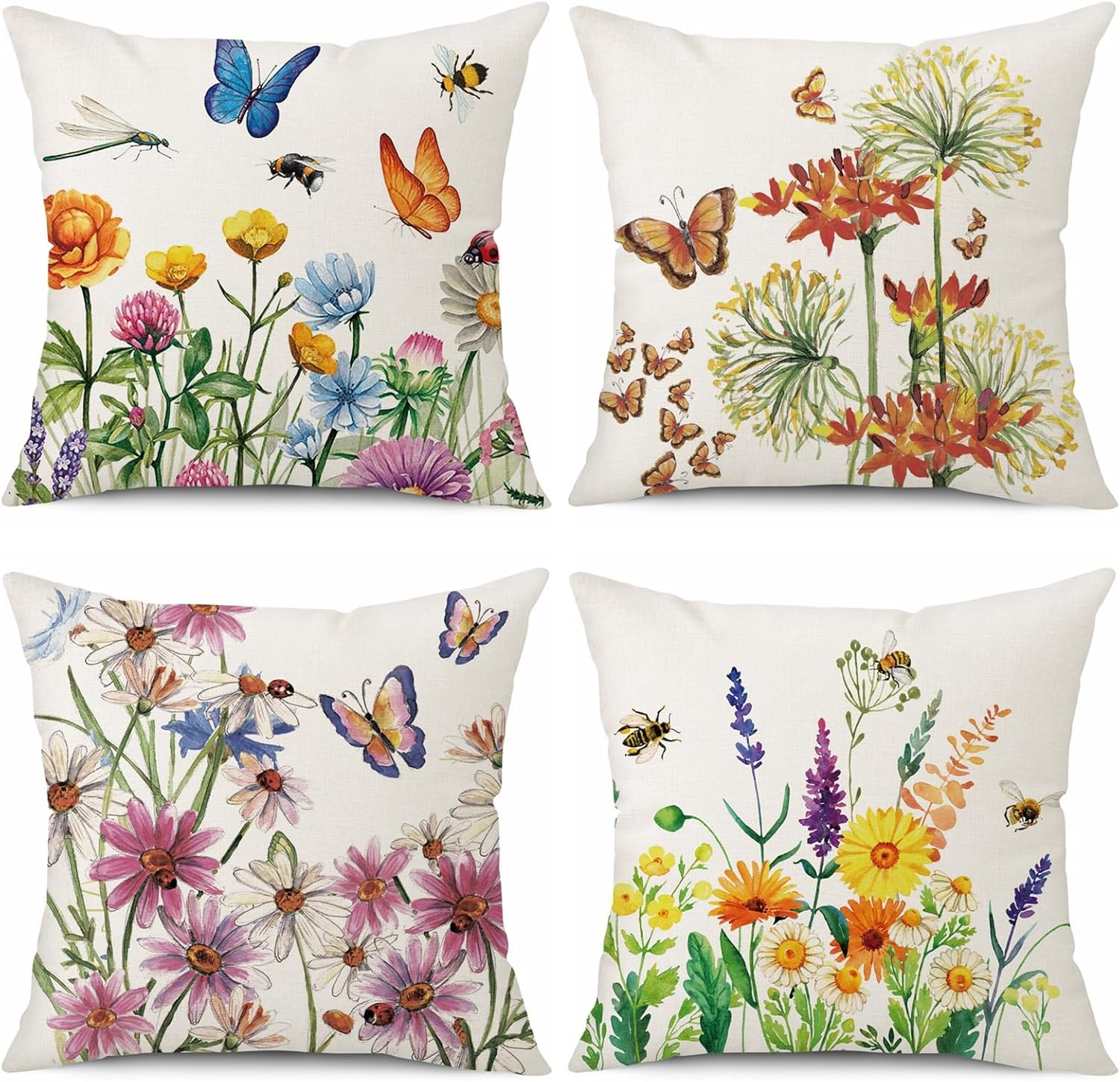 wyooxoo Throw Pillow Covers 18x18 Set of 4 Decorative Spring Pillow Covers Linen Flower Butterfly Farmhouse Pillowcases for Sofa Couch Living Room Outdoor
