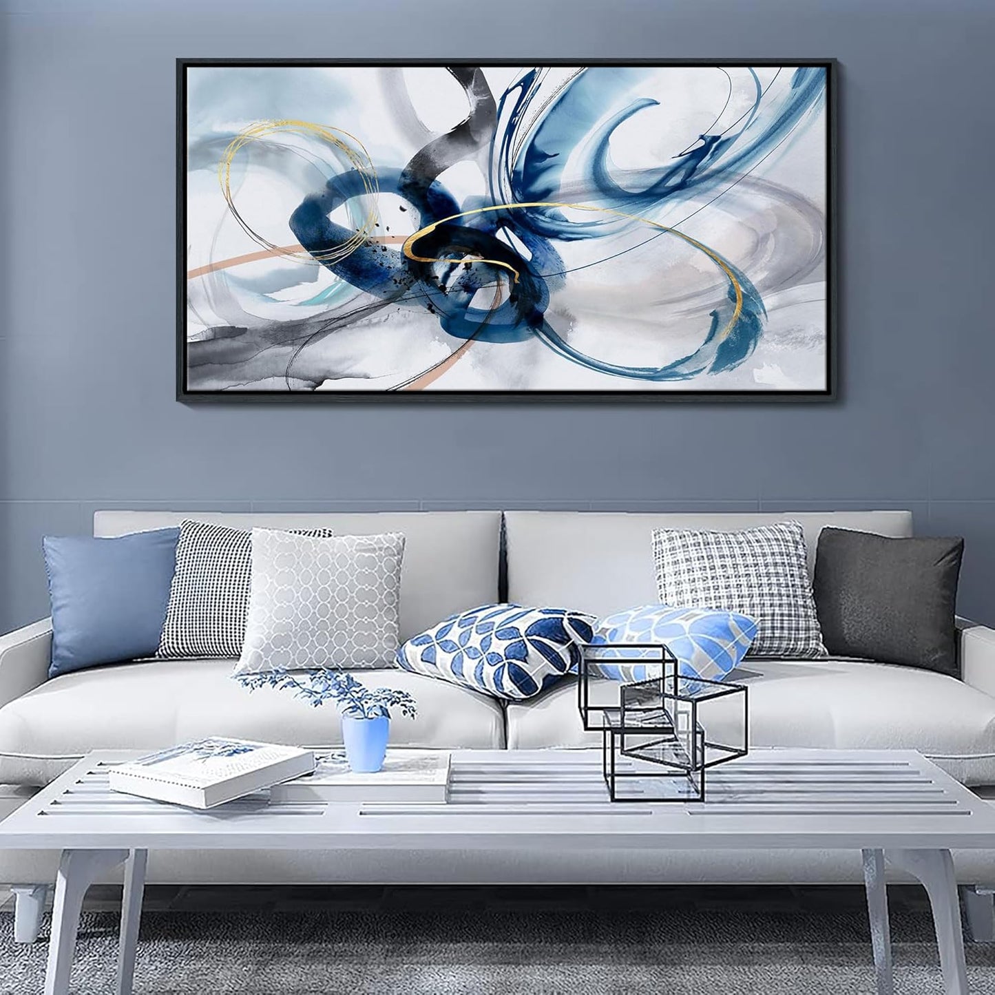 Large Wall Art for Living Room - Abstract Wall Decor Framed Picture Artwork for Wall Decorative Paintings Blue and White Modern Office Bedroom Art