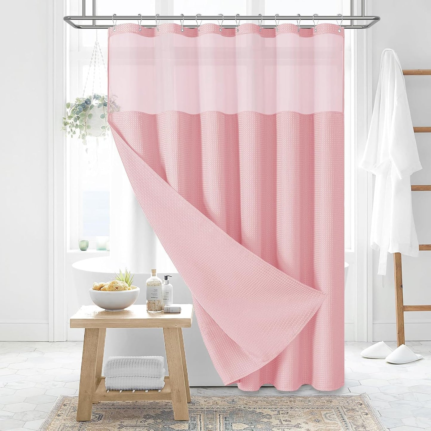 Dynamene Sage Green Shower Curtain - Waffle Textured Heavy Duty Thick Fabric Shower Curtains for Bathroom, 256GSM Luxury Weighted Polyester Cloth Bath Curtain Set with 12 Plastic Hooks，72Wx72H,Green