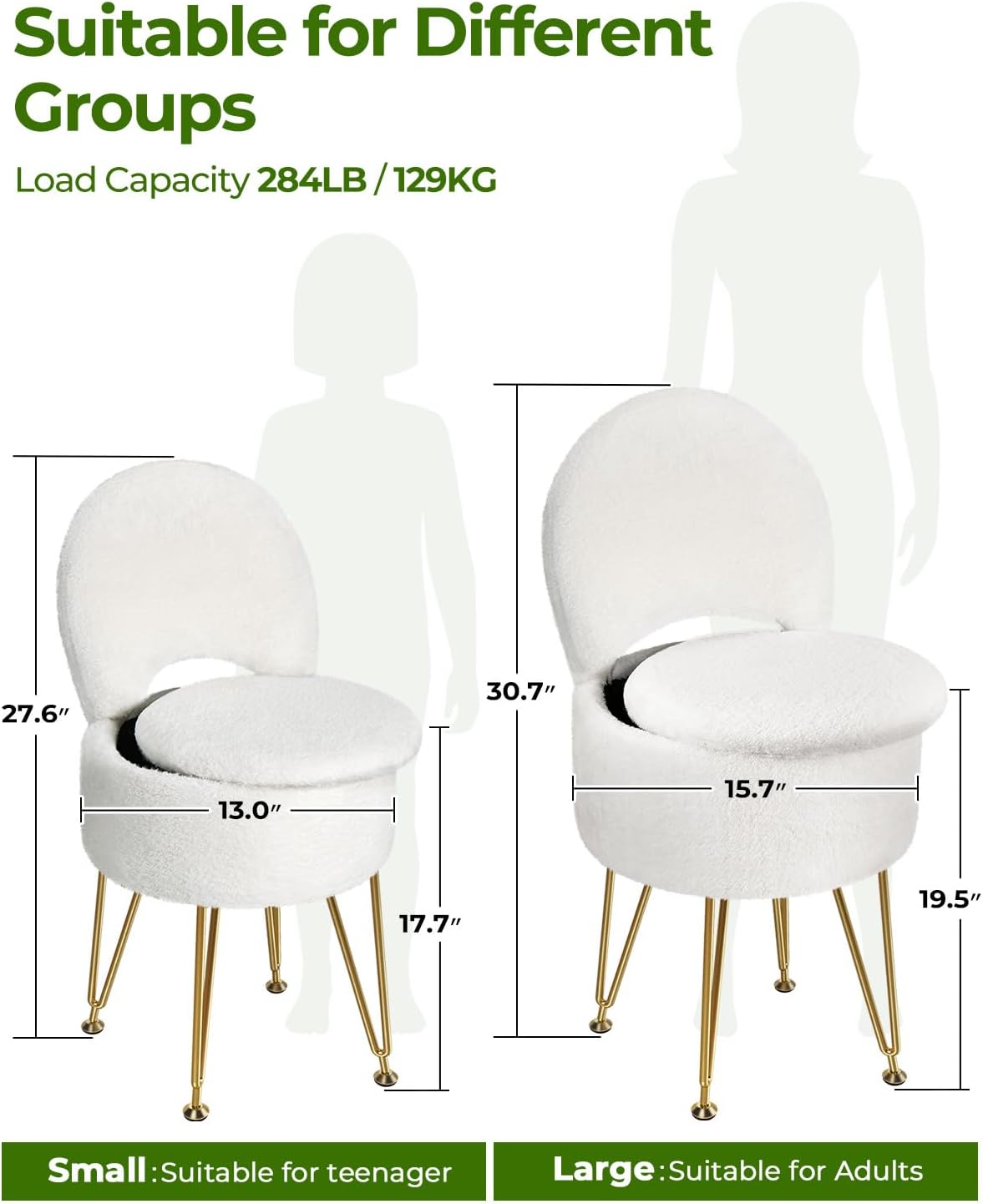 Small Vanity Stool Chair with Storage and Folding Back, 13" x 13" x 17.7" Faux Fur Soft Ottoman for Teenager, 4 Metal Legs with Anti-Slip Feet, Furry Padded Seat for Makeup, Bedroom, White