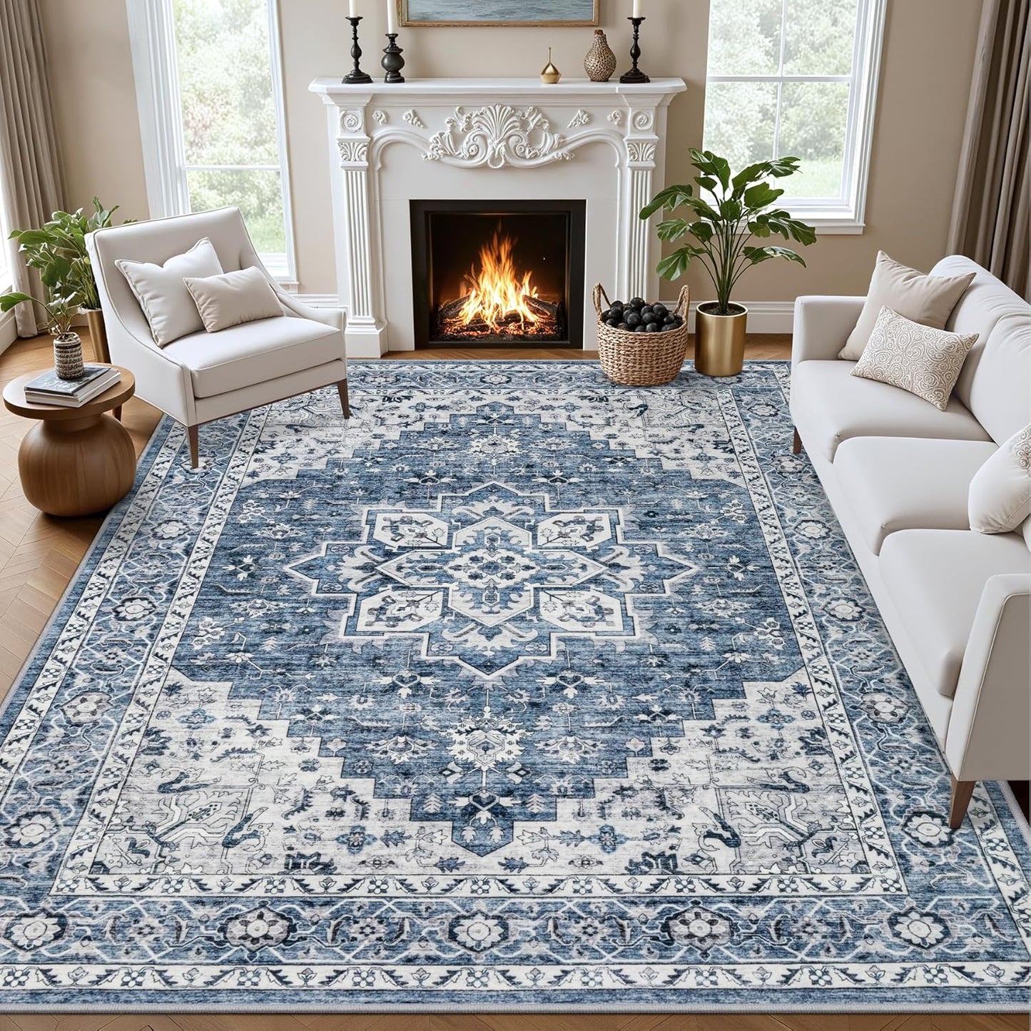 5x7 Area Rugs Living Room Rug: Washable Vintage Boho Rug No Slip Stain Resistant Soft Carpet Indoor Floor Floral Large Carpets for Bedroom Dining Room Farmhouse Nursery Hallway Home Office Beige