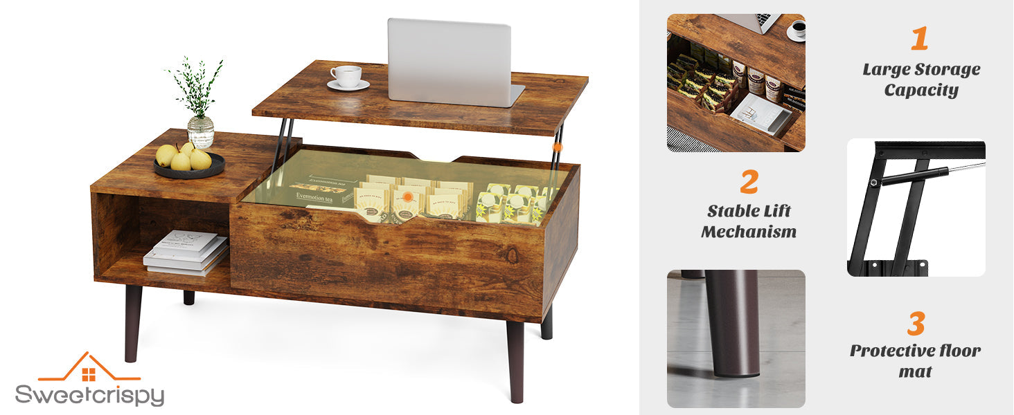 Sweetcrispy Lift Top Coffee Tables for Living Room, Small Rising Wooden Center Tables with Storage Shelf and Hidden Compartment, Brown | Lift Top, Coffee Tables, for Living Room, Rising, Dining Center Tables, with Storage Shelf