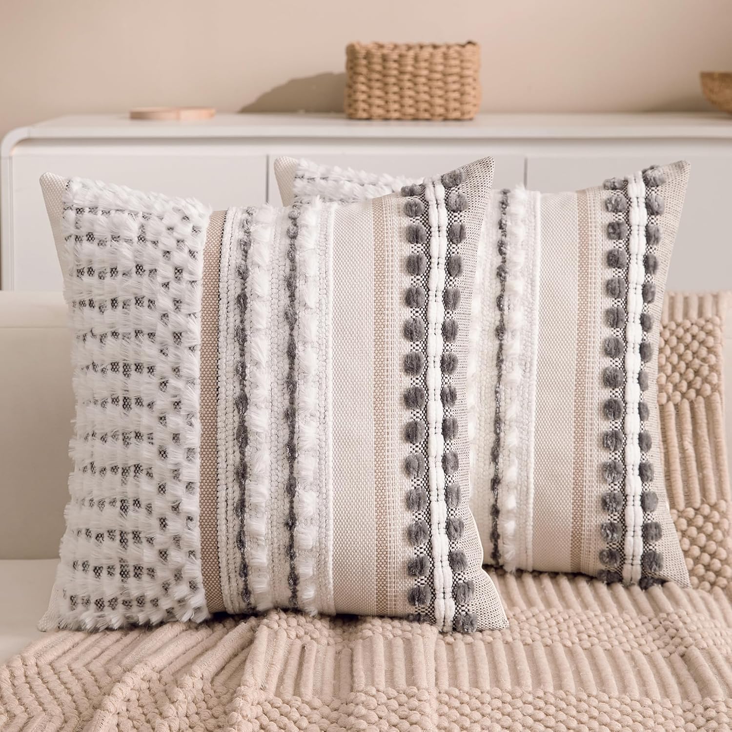 Boho Chenille Tufted Couch Throw Pillow Covers 18x18 Inch Set of 2 Farmhouse Striped Decorative Pillow Covers Accent Neutral Square Pillowcase Green Cushion Covers for Livingroom Sofa Bed