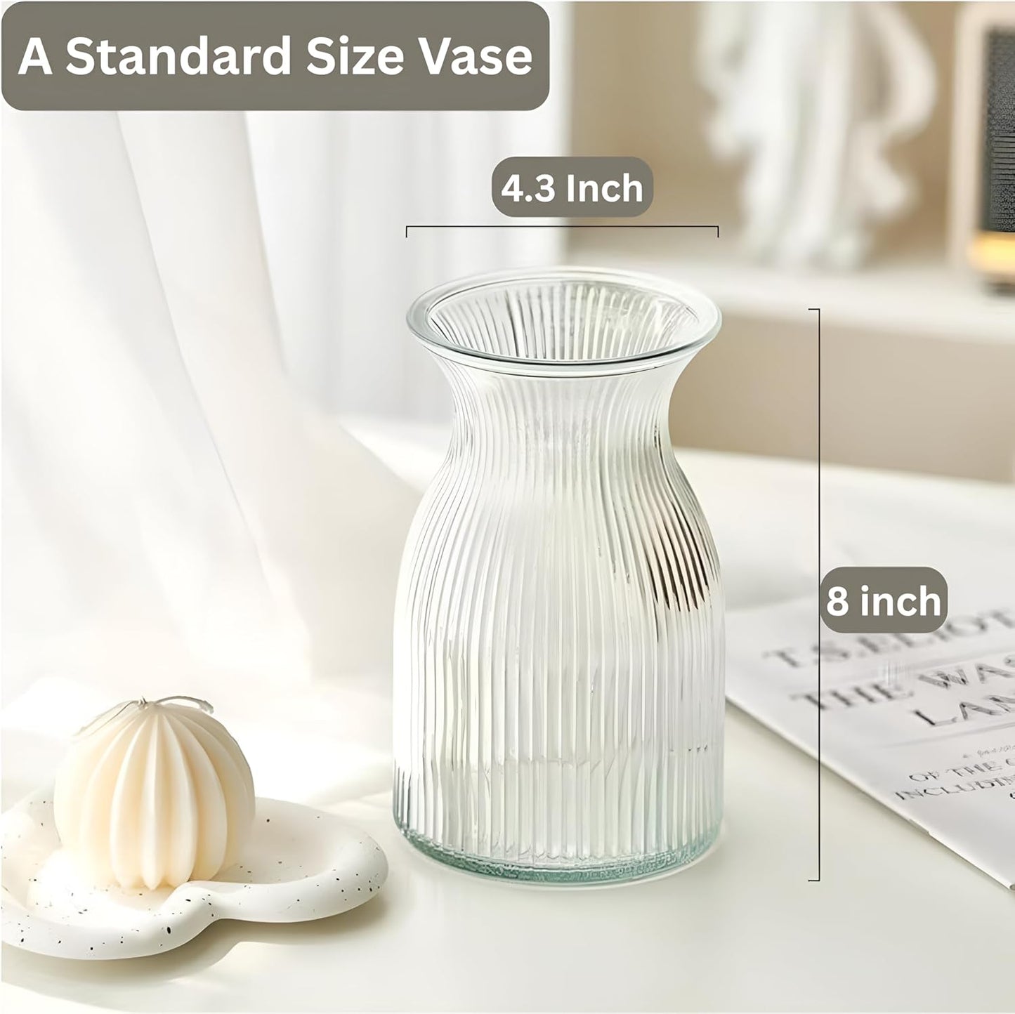 New 2026 Design Ribbed Glass Vase Wide - 8 Inch Tall Ribbed Vase for Wedding Reception, Home Decor, Housewarming Gift (Clear) Decorative Flower Vases - Bud Vase for Centerpieces Cylinder Vases