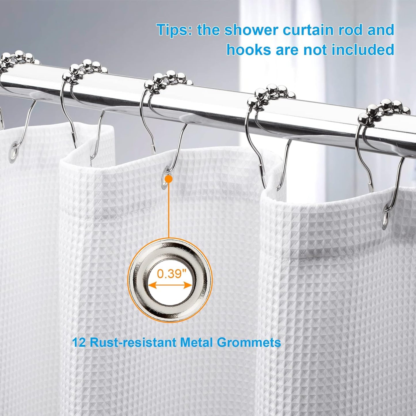 White Shower Curtain Fabric, Waffle Shower Curtains for Bathroom, Cloth Shower Curtain Heavy Duty, Thick Bathroom Shower Curtains Hotel Quality, Premium Polyester, 72x72 Inches