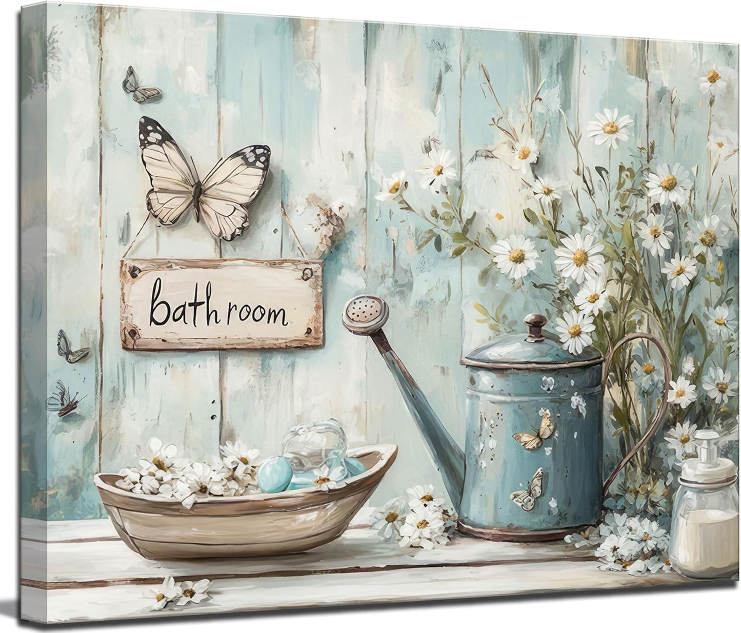 Farmhouse Rustic Daisy Canvas Wall Art Vintage Country Floral Posters Print White Jasmine Flowers and Rust Color Watering Can Wall Decor Picture for Living Room Bedroom Bathroom Decoration