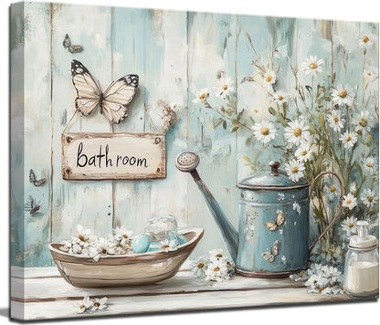 Farmhouse Rustic Daisy Canvas Wall Art Vintage Country Floral Posters Print White Jasmine Flowers and Rust Color Watering Can Wall Decor Picture for Living Room Bedroom Bathroom Decoration
