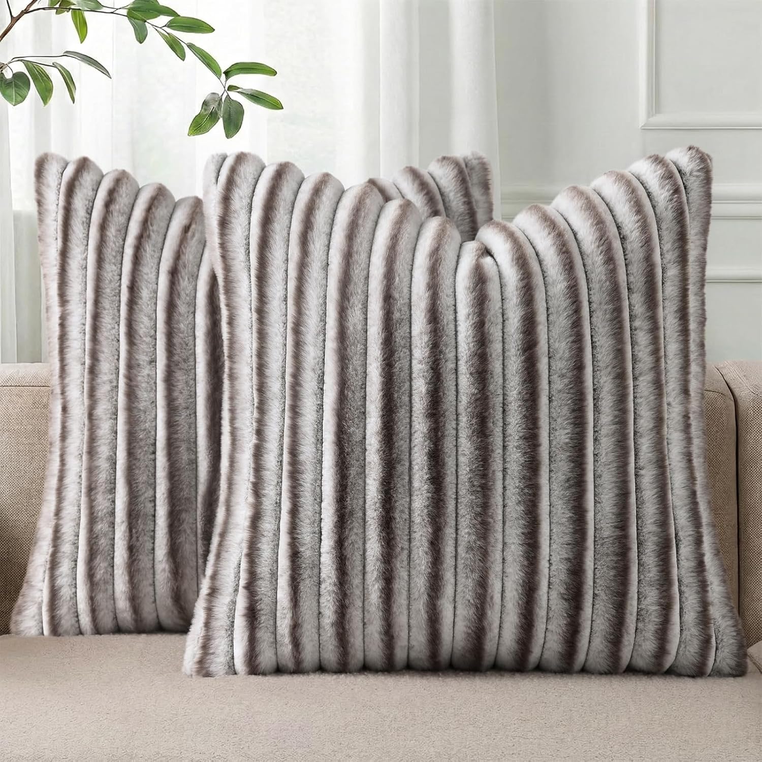 Pallene Faux Fur Plush Throw Pillow Covers 18x18 Set of 2, Luxury Soft Fluffy Striped Decorative Pillow Covers for Sofa, Couch, Living Room, Cream White