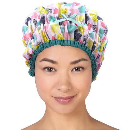 Reusable Bath & Shower Cap Lined, Oversized Waterproof Shower Caps Large Designed for all Hair Lengths with PEVA Lining & Elastic Band Stretch Hem Hair Hat - Fashionista Deco Dots