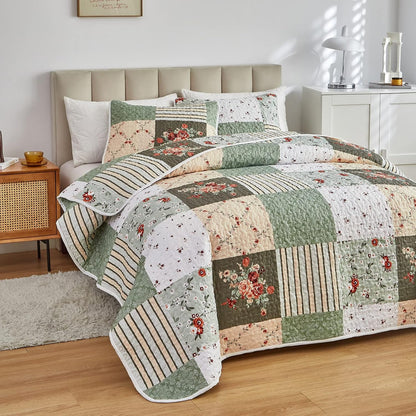 Quilt Set Full/Queen Size, 3 Pieces Green Floral Plaid Summer Bedspread Coverlet Set, Soft Microfiber Reversible Lightweight Bed Cover for All Season (90" x 90", 1 Quilt+ 2 Pillow Shams)