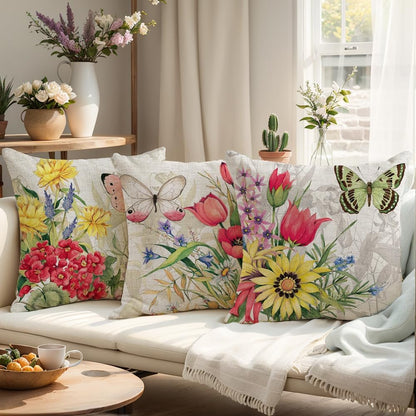 wyooxoo Throw Pillow Covers 18x18 Set of 4 Decorative Spring Pillow Covers Linen Flower Butterfly Farmhouse Pillowcases for Sofa Couch Living Room Outdoor