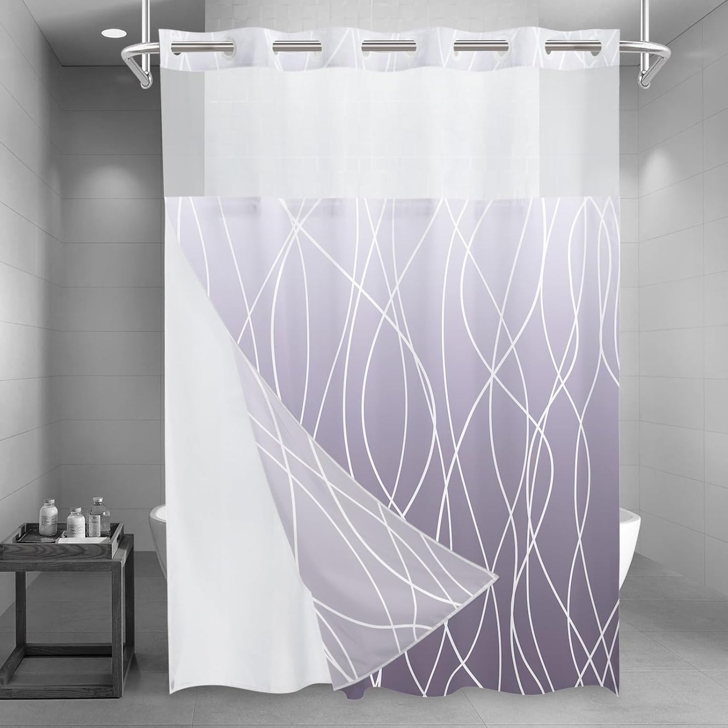 No Hook Grey White Striped Shower Curtain with Snap in Fabric Liner Set - Hotel Liner Set with See Through Mesh Top Window,Machine Washable, 71x74 INCH