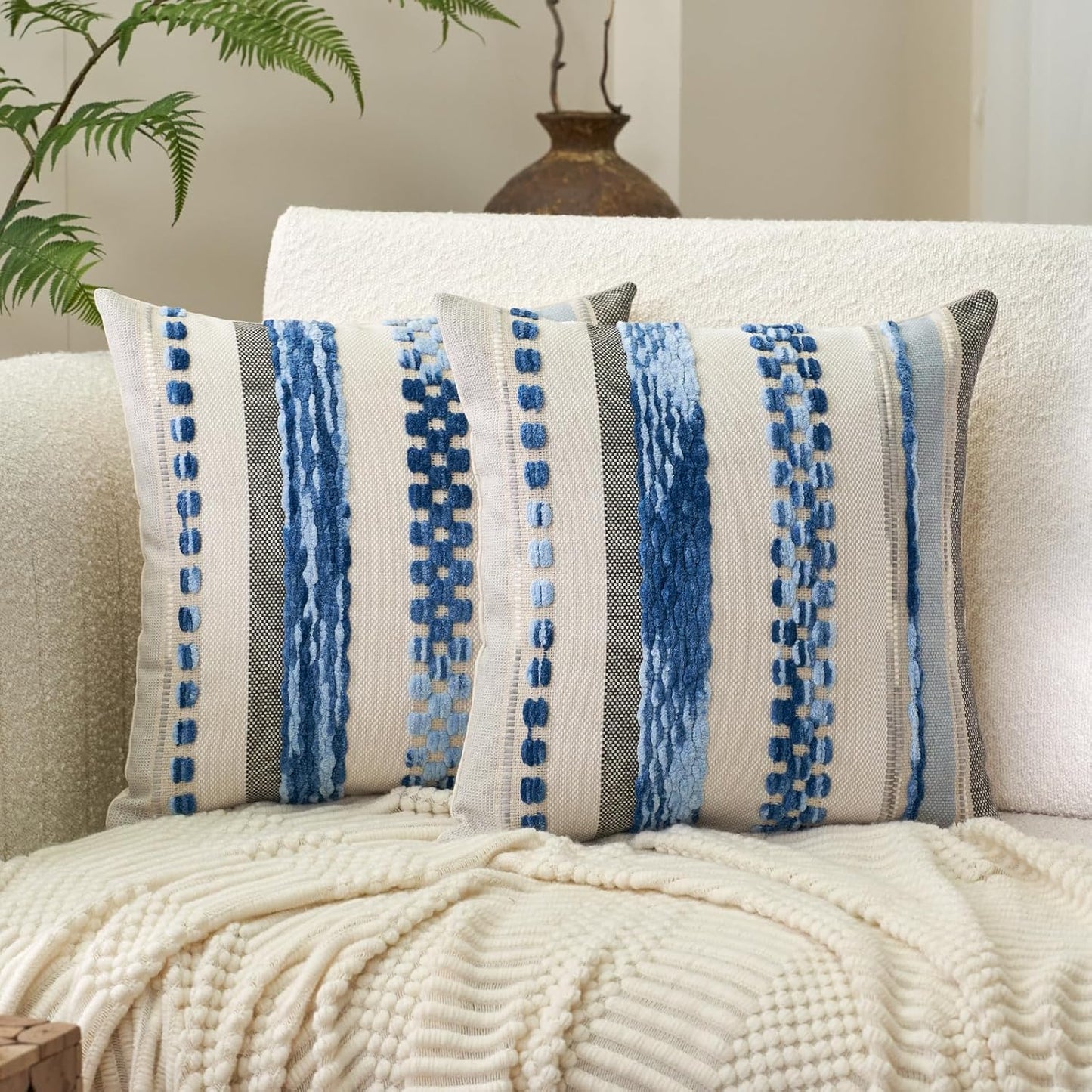 Aeckself Boho Throw Pillow Covers 18x18 Inch Set of 2, Farmhouse Decorative Striped Square Pillow Covers Chenille Tufted Pillow Cases Accent Neutral Pillowcase for Living Room Couch Bed, Orange White