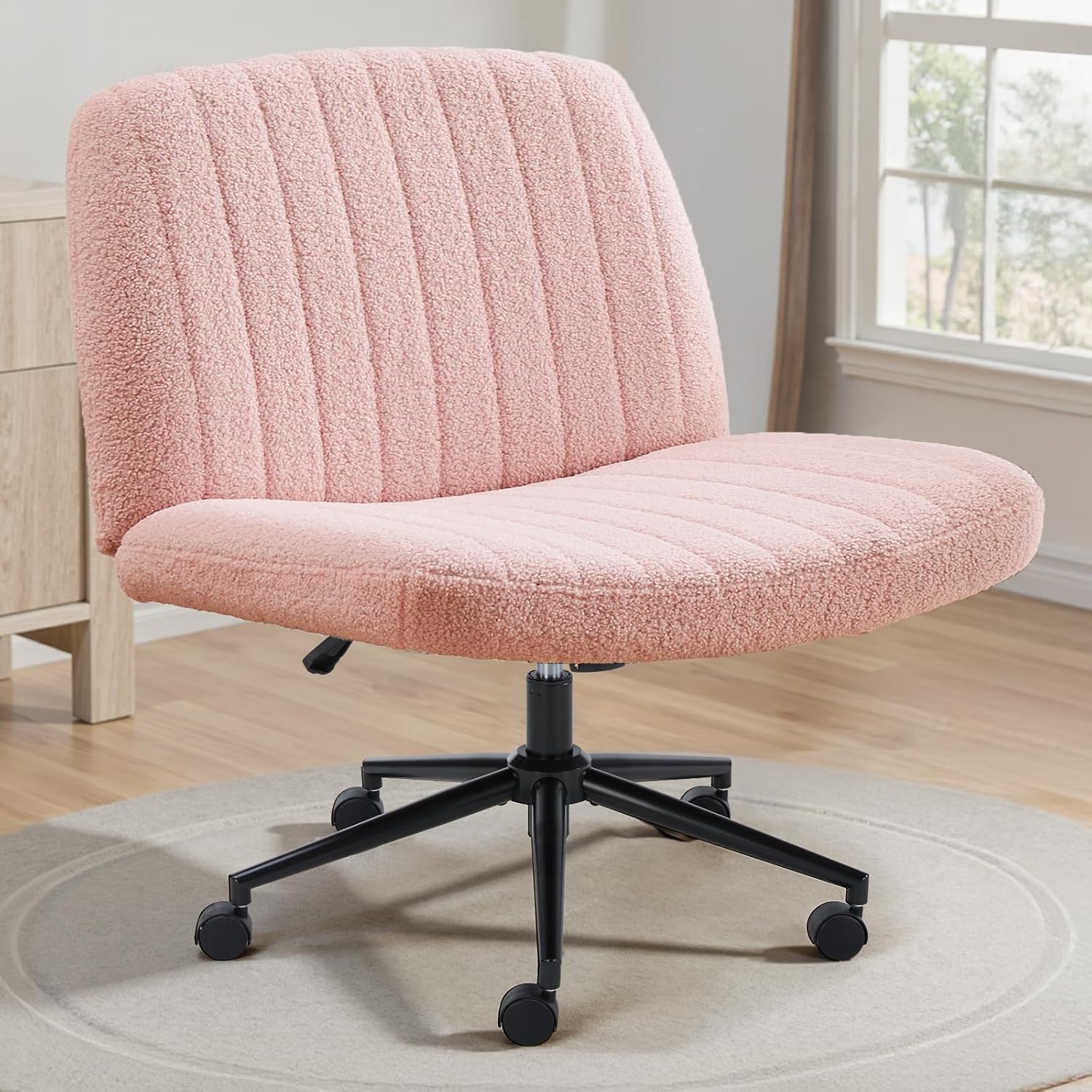 Criss Cross Chair with Wheels Wide Cross Legged Office Desk Vanity Chair Comfy Fabric Armless Adjustable Swivel for Home Computer Task Teddy Pink