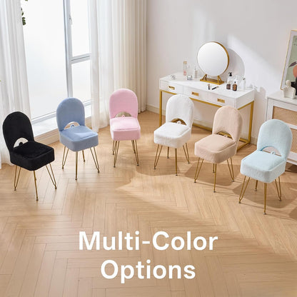 White Vanity Chair with Storage, Folding Back Faux Fur Vanity Stool, Makeup Ottoman with Gold Legs for Bedroom/Bathroom