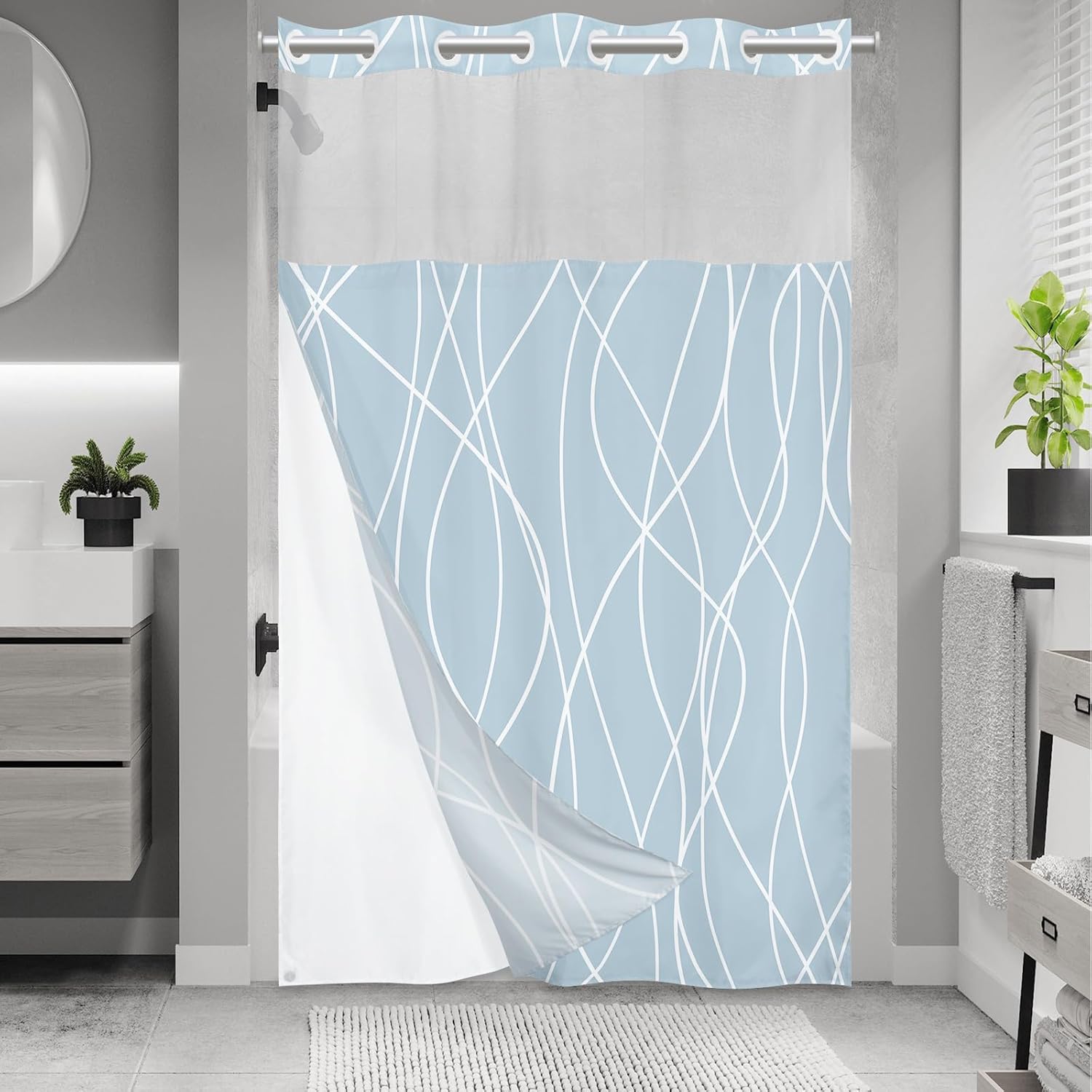 No Hook Grey White Striped Shower Curtain with Snap in Fabric Liner Set - Hotel Liner Set with See Through Mesh Top Window,Machine Washable, 71x74 INCH