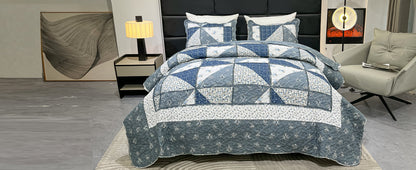 Blue Floral Patchwork Quilt Set, Full Queen Size, 3 Piece Bedding Set with 2 Pillowcases | Blue Patchwork Quilt, Queen Size Bedspread, Reversible Quilt Set, Floral Quilt Set, Patchwork Quilt Set, Queen Comforter Set