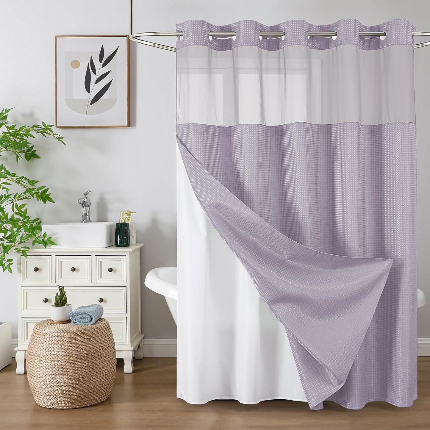 No Hook Waffle Shower Curtain with Snap in Fabric, Waterproof Shower Curtains with See Through Top Window, Hotel Luxury Heavy Duty Bathroom Curtain and Liner Set, 72'' x 75'', Black