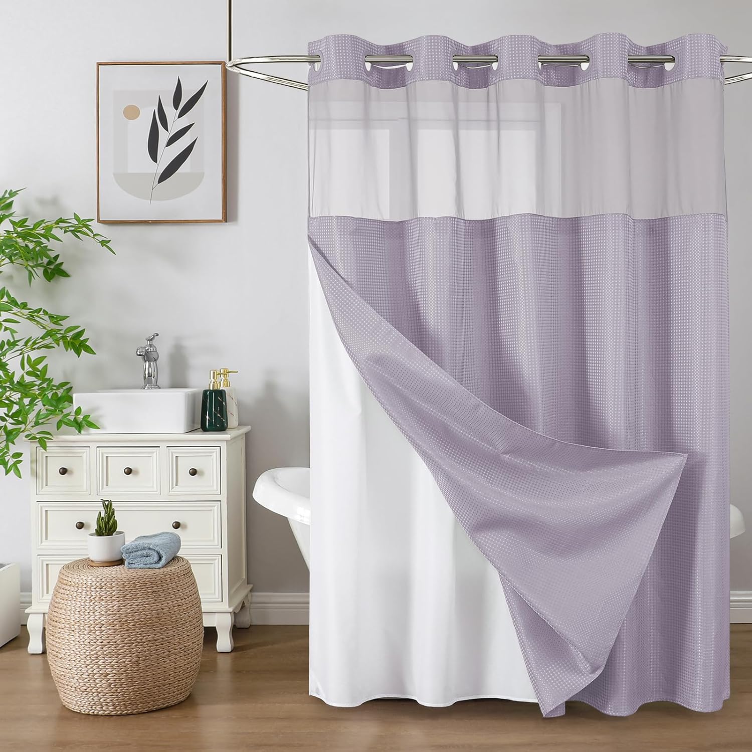 No Hook Waffle Shower Curtain with Snap in Fabric, Waterproof Shower Curtains with See Through Top Window, Hotel Luxury Heavy Duty Bathroom Curtain and Liner Set, 72'' x 75'', Black
