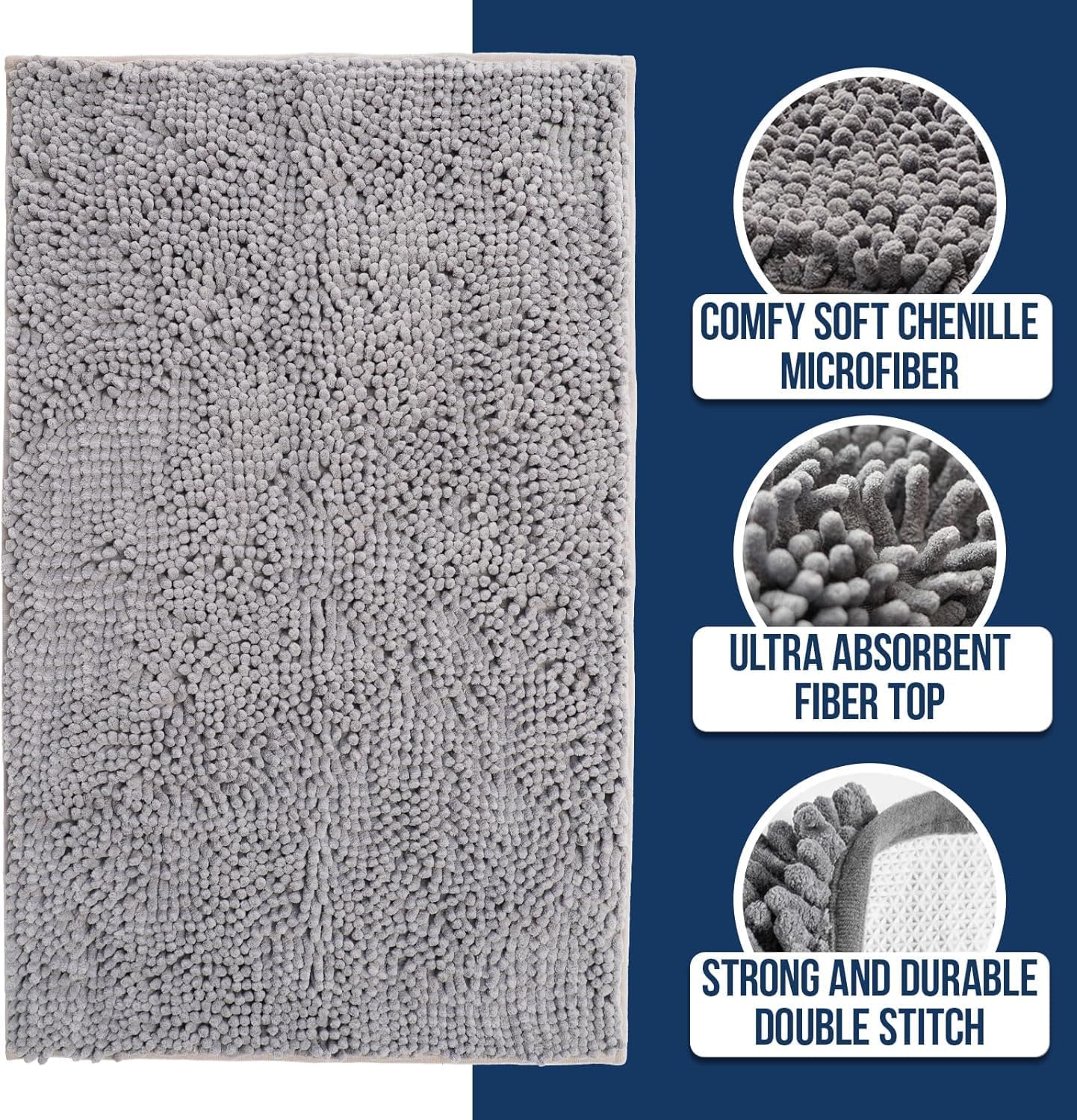 Chenille Bathroom Rugs Quick Dry Microfiber Mats Non Slip Washable, Extra Thick, Soft and Highly Absorbent Bath Mats for Bathroom, Kitchen, and Shower Floor - Grey 36"x60"