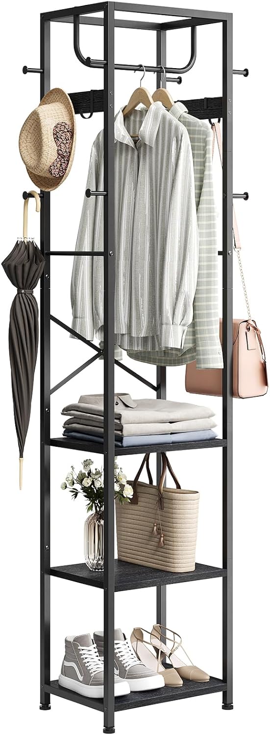 Coat Rack Freestanding, Hall Tree with 3 Storage Shelves and 12 Hooks, Industrial Clothes Rack Stand Organizer for Bedroom, Hallway, Entryway, Office, Living Room, Rustic Brown