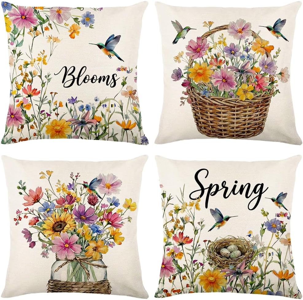 wyooxoo Throw Pillow Covers 18x18 Set of 4 Decorative Spring Pillow Covers Linen Flower Butterfly Farmhouse Pillowcases for Sofa Couch Living Room Outdoor