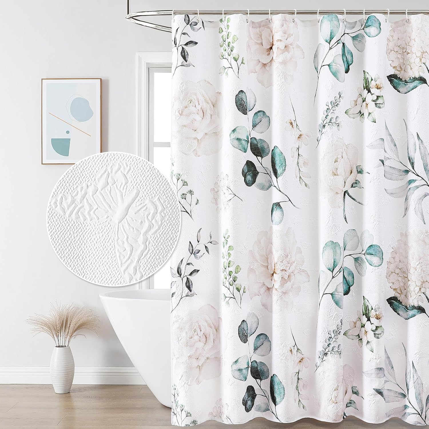 Watercolor Floral Shower Curtain, 3D Embossed Butterflies Grey Beige Flower Bathroom Curtains, Minimalist White Cloth Bath Curtain, Waterproof Fabric Textured Shower Curtain Set with Hooks, 72x72